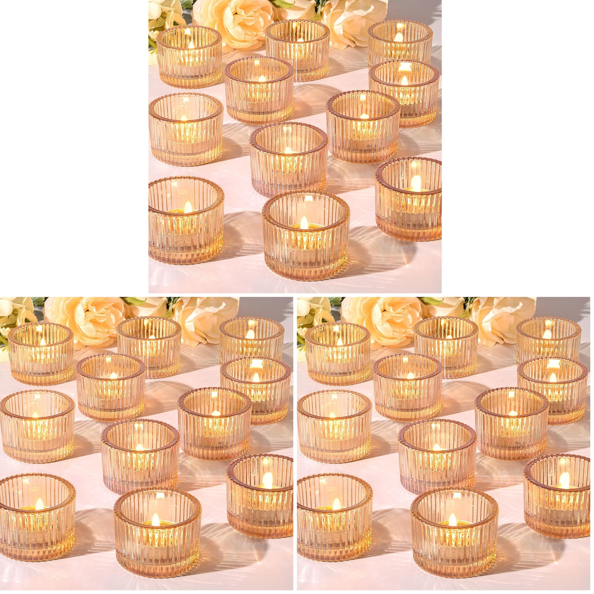 24 Pack Amber Tealight Candle Holders, Glass Votive Candle Holders