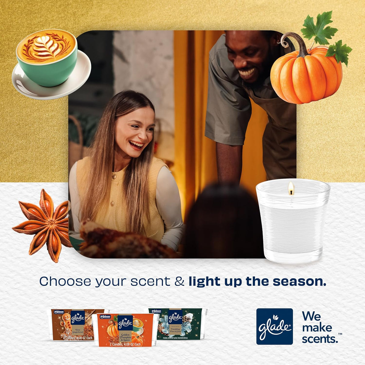 Glade Jar Candle, Golden Pumpkin & Spice, 4.08oz., 3 Count