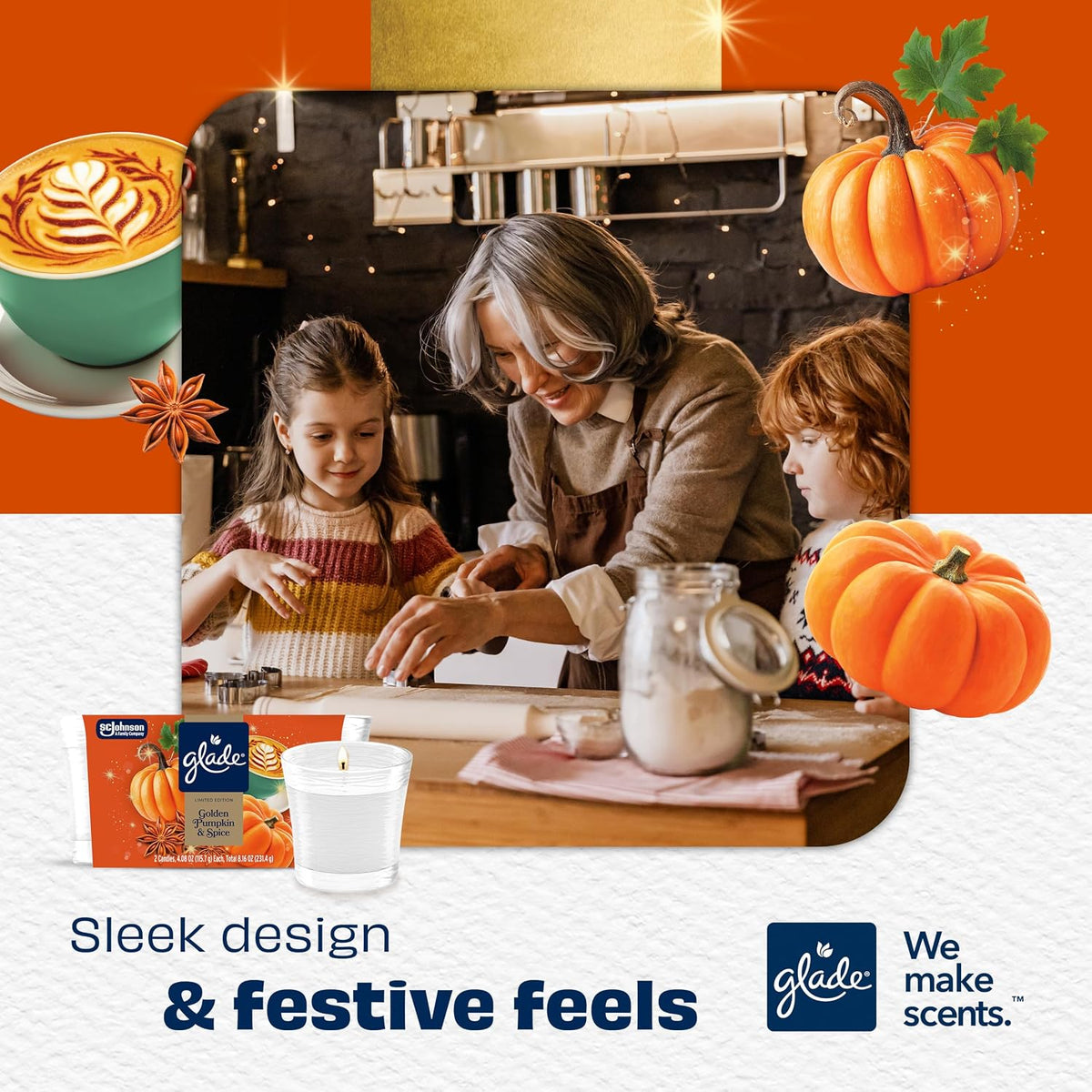 Glade Jar Candle, Golden Pumpkin & Spice, 4.08oz., 3 Count